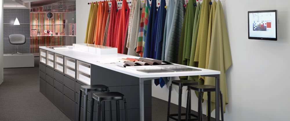 Brightly colored workspace with trendy interior design.