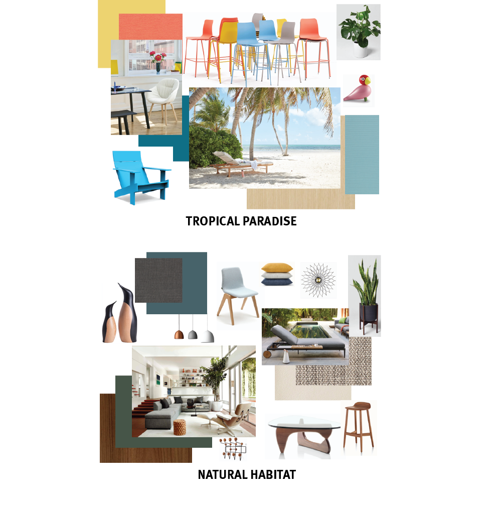 Two inspiration boards. Summer office ideas collage boards. Bright and neutral color themes. Beach and house furniture pieces.