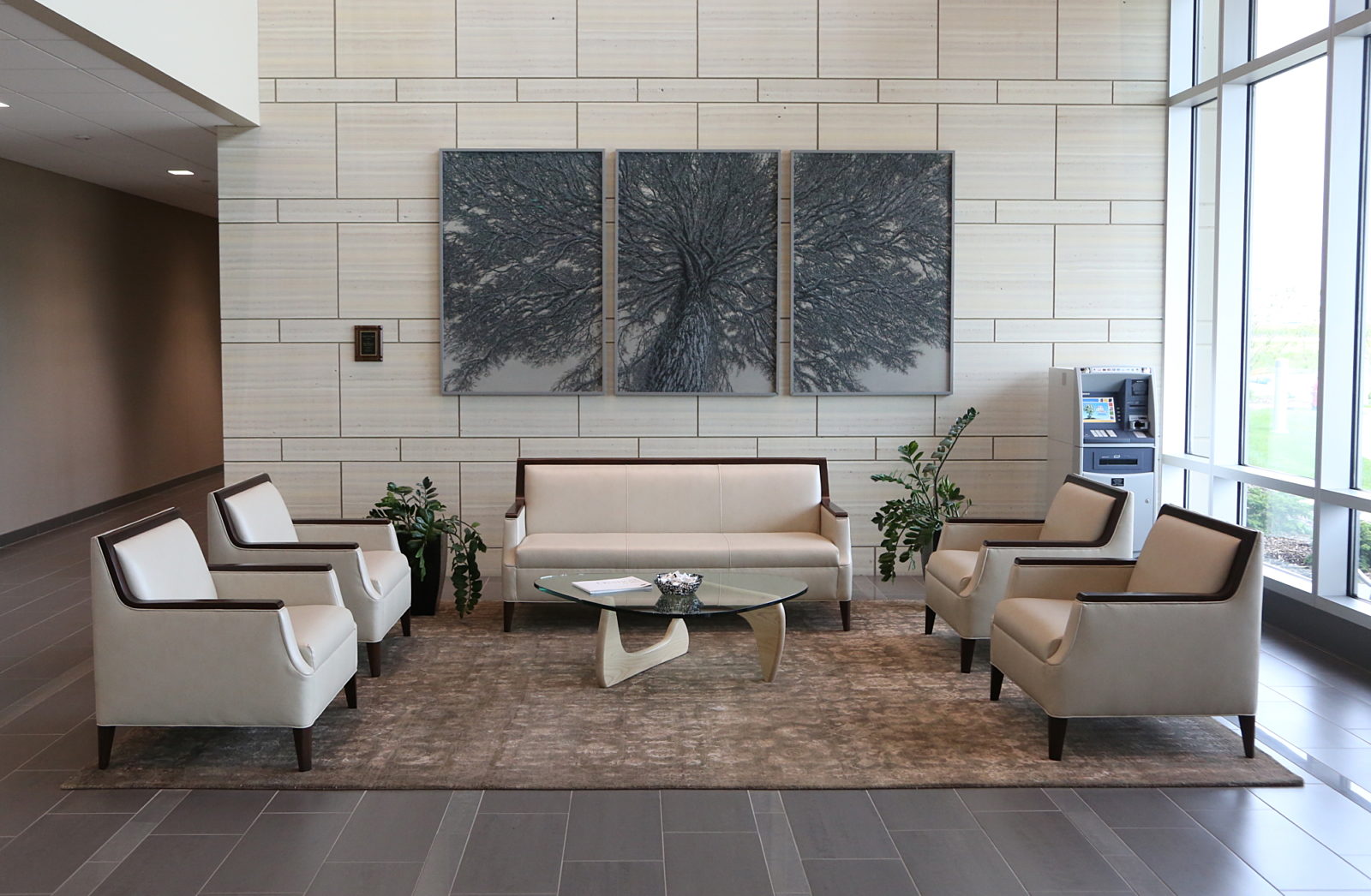 University of Iowa Community Credit Union, Pigott, Iowa, Herman Miller, Office Furniture, Reception Area, Natural Light, Noguchi Table