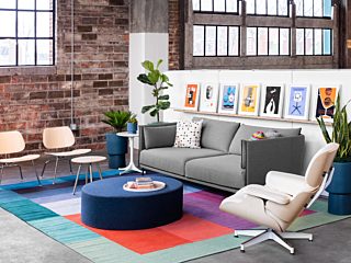 Comfortable office seating/ workspace. Couch and chairs sitting spaces with a colorful rug and big windows