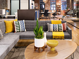Modern office space featuring eclectic Maharam finishes, contemporary sofa, and greenery.